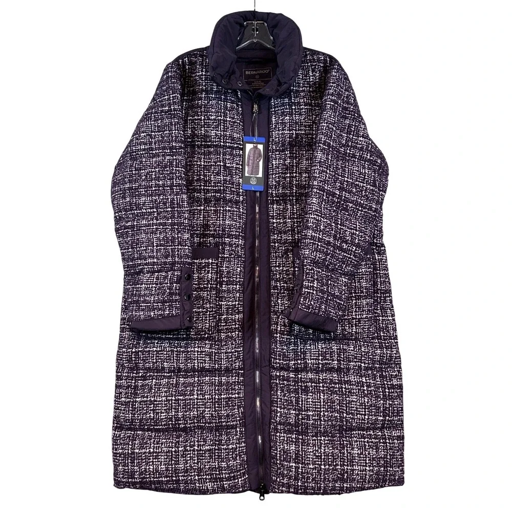 NWT Bernardo Womens EcoPlume Mixed Media Tweed Puffer Coat Purple Long Parka •L•